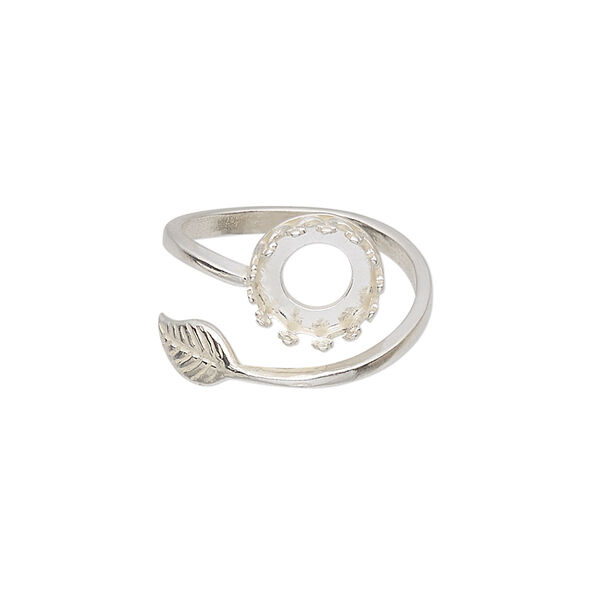 Ring, JBB Findings, sterling silver, 2mm wide band with leaf and 10mm round with SS39 rivoli bezel setting, size 6 to 8. Sold individually. image number 0