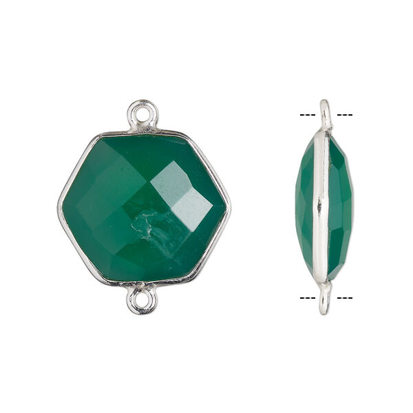 Link, green onyx (dyed) and sterling silver, green, 18x17mm-20x18mm hand-cut double-sided faceted hexagon. Sold individually. image number 0