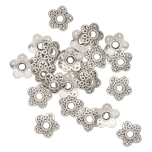 Bead cap, antique silver-finished "pewter" (zinc-based alloy), 12mm flower, fits 11-13mm beads. Sold per pkg of 24. image number 0