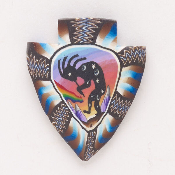 Focal, polymer clay, multicolored, 29x24mm-31x27mm top-drilled double-sided arrowhead with Kokopelli. Sold individually. image number 0