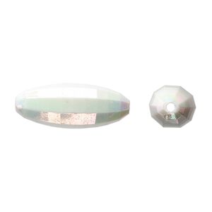 Bead, acrylic, white AB, 33x12mm faceted long oval. Sold per 100-gram pkg, approximately 30 beads.