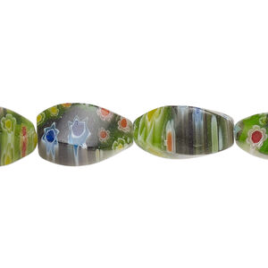 Bead, millefiori glass, translucent green and multicolored, 16x8mm four-sided twisted oval with flower and stripe design. Sold per 14-inch strand.