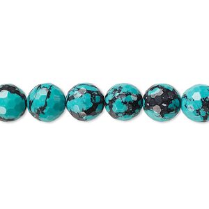 Bead, "turquoise" (resin) (imitation), blue and black, 8mm faceted round with matrix. Sold per 8-inch strand, approximately 25 beads.