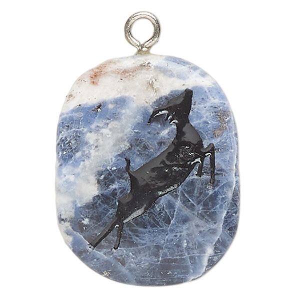 Focal, sodalite (natural) / steel / enamel, pkg/1, 30x22mm-38x29mm puffed freeform with jumping deer, B- grade, silver finish and black. image number 0
