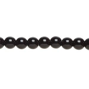 Bead, glass, opaque black, 6mm round. Sold per 8-inch strand, approximately 35 beads.