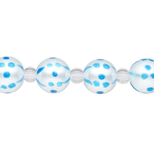 Bead, glass 1pkg8, opaque turquoise blue and white, 10mm hand-painted round. image number 0