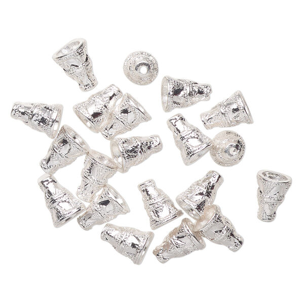 Cone, silver-finished "pewter" (zinc-based alloy), 12x9mm beaded cone with 6mm hole. Sold per pkg of 20. image number 0