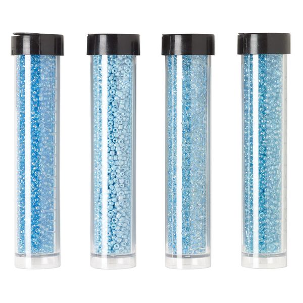 Seed bead assortment, Ming Tree™, glass, pkg/(4) 4 x 3/4 inch vials, #11 round, opaque and transparent rainbow luster teal, sky blue and turquoise blue. image number 0