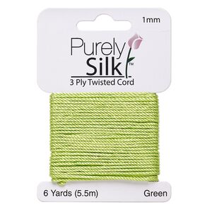Cord, Purely Silk™, 3-ply, green, 1mm twisted. Sold per 6-yard card.