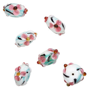 Bead, lampworked glass 1pkg6, multicolored, 20x12mm, flower rondelle.