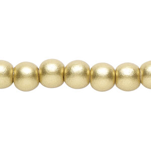 Bead 1pkg1, Taiwanese cheesewood (coated), painted metallic yellow gold, 7-8mm round, 15-1/2 to 16 inches.