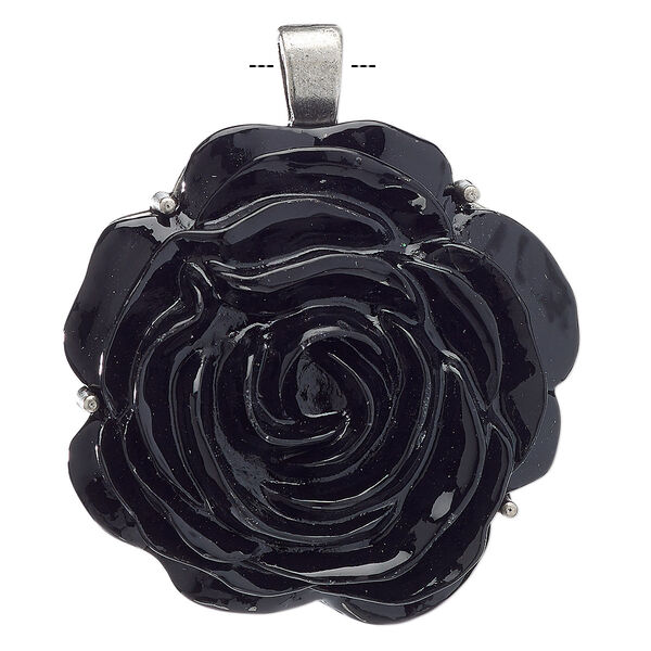 Pendant, acrylic and antiqued nickel-finished "pewter" (zinc-based alloy), black, 51x49mm rose. Sold individually. image number 0