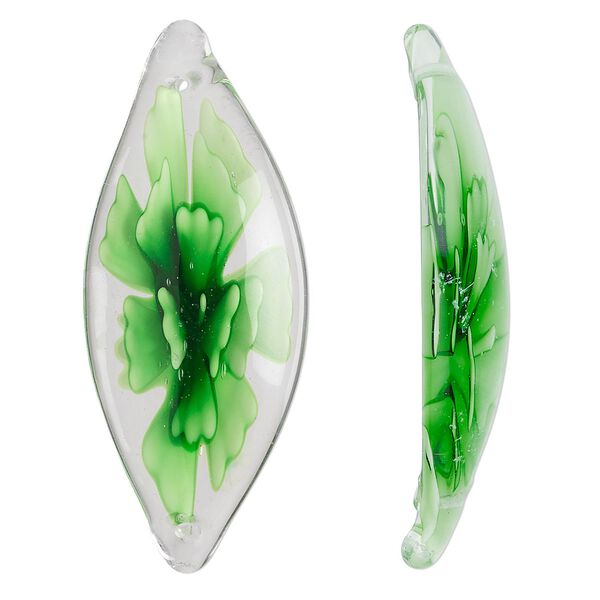 Link, glass, clear/light green/dark green, 50x20mm flat oval. Sold individually. image number 0