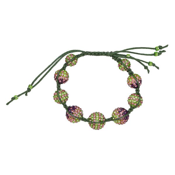 Bracelet, One of a Kind Jewelry, waxed cotton cord / glass / epoxy, green / pink / purple, XX inches. Only one available. image number 0