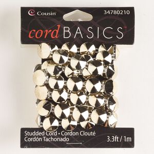 Cord, acrylic, gold, 10mm flat with round studs. Sold per pkg of 1 meter.
