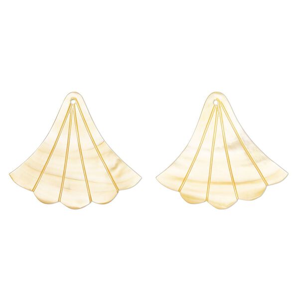 Focal, gold lip shell (natural), 33x29mm hand-cut top-drilled single-sided carved fan, Mohs hardness 3-1/2. Sold per pkg of 2. image number 0