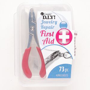 Kit 1pkg1 jewelry repair First Aid brass / steel / acrylic / rubber, set of 73, kit assortment gold finish / silver finish / red