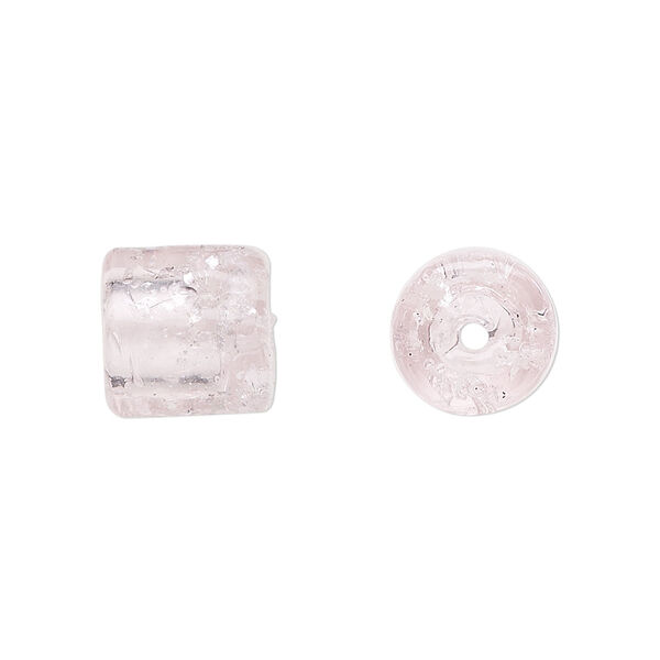 Cord end, glass, translucent pink with silver-colored foil, 11x11mm with confetti pattern, 5mm inside diameter. Sold per pkg of 2. image number 0