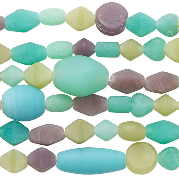 Bead mix, glass, opaque matte olive green / teal blue / brown, 5x5mm-19x10mm mixed shapes. Sold per (6) 14-inch strand, approximately 280 beads. image number 0