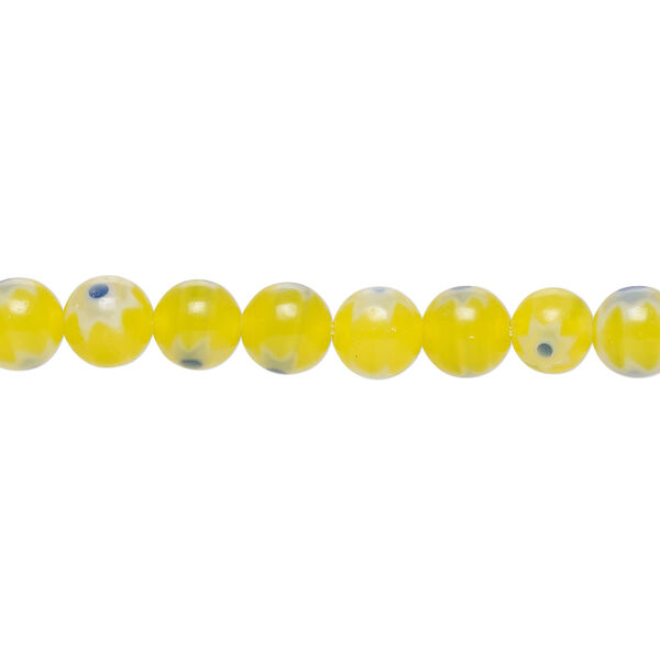 Bead, millefiori glass 1pkg1, translucent bright yellow / white / cobalt blue, 6mm round, 15 inches. image number 0