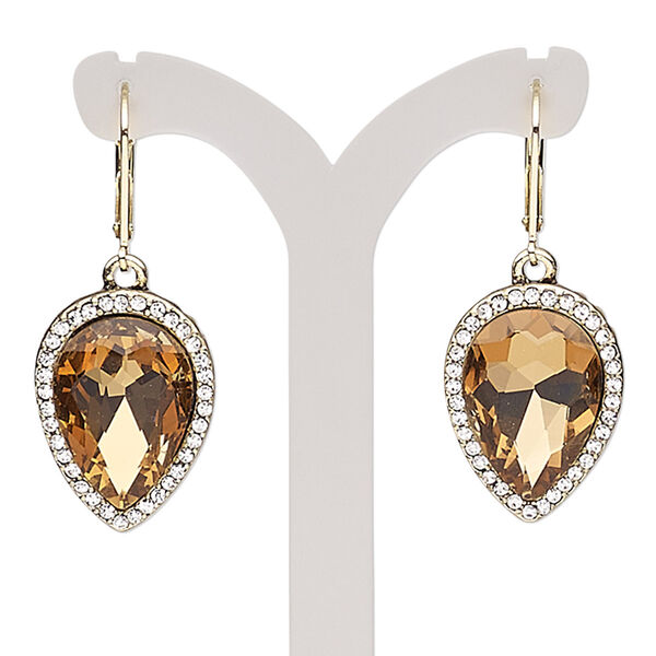 Earring, glass rhinestone / glass / gold-finished brass / "pewter" (zinc-based alloy), clear and topaz brown, 42mm with teardrop and leverback ear wire. Sold per pair. image number 0