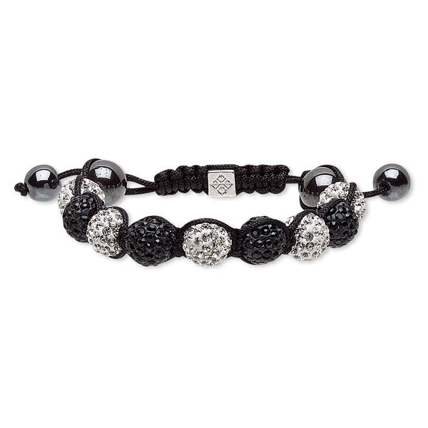 Bracelet, Hemalyke™ (man-made) / glass rhinestone / nylon / polymer clay / silver-plated "pewter" (zinc-based alloy), black / white / clear, 12mm round, adjustable from 5-1/2 to 8 inches with macramé knot closure. Sold individually. image number 0