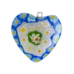 Focal 1pkg1, silver-finished steel / millefiori glass, transparent and translucent multicolored, 29-31mm puffed heart.