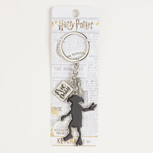 Keychain, silver-finished brass and steel / enamel, black, 4-1/4 inches with 52x39mm Dobby and split ring.