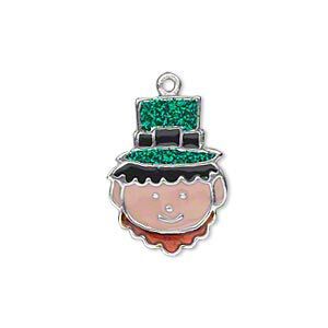 Charm, silver-finished "pewter" (zinc-based alloy) and enamel, green/black/brown/peach, 22x16mm single-sided leprechaun face with glitter hat. Sold per pkg of 2.