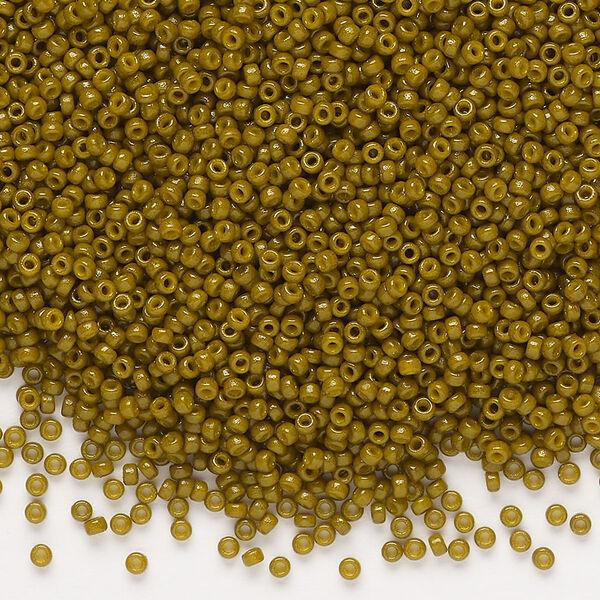 Seed bead, Miyuki, glass, pkg/35g, #15 rocaille, Duracoat® opaque outside dyed Spanish olive (RR-4491). image number 0