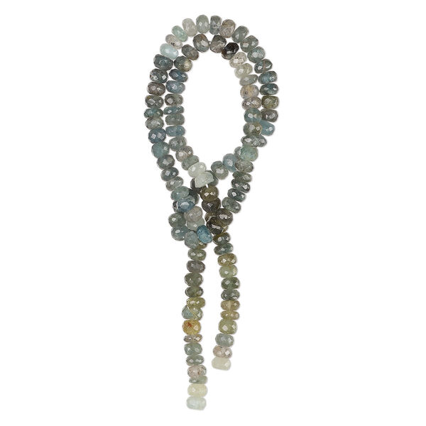 Bead, moss aquamarine (heated), shaded, 5x2mm-6x4mm hand-cut faceted rondelle, B grade, Mohs hardness 7-1/2 to 8. Sold per 14-inch strand, approximately 100 beads. image number 0