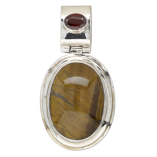 Pendant, tigereye (natural) / garnet (natural) / sterling silver, 52x28mm-55x29mm oval. Sold individually. image number 0