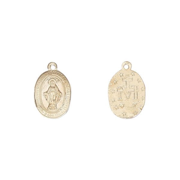 Drop, 14Kt gold-filled, 12x9mm two-sided oval with Mother Mary. Sold individually. image number 0