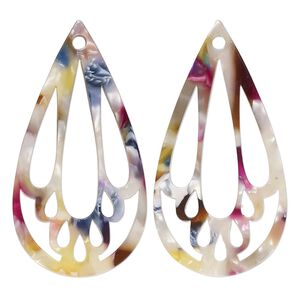 Focal, resin, multicolored, 49x25mm teardrop with cutouts. Sold per pkg of 4.
