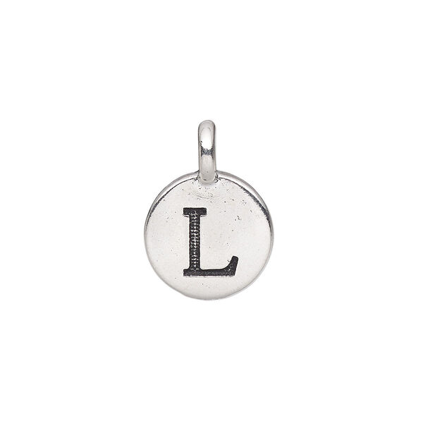 Drop, TierraCast®, antique silver-plated pewter (tin-based alloy), 11.5mm single-sided round with textured alphabet letter "L." Sold per pkg of 2. image number 0