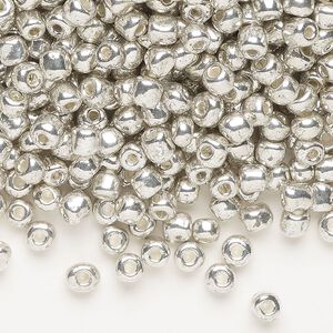 Seed bead, glass, pkg/100g, 4mm round, opaque silver.