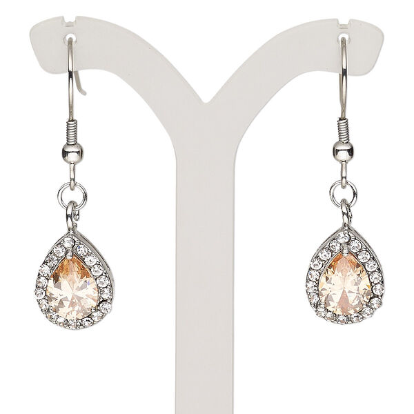 Earring, glass rhinestone and stainless steel, clear and peach, 35mm with teardrop and fishhook ear wire. Sold per pair. image number 0