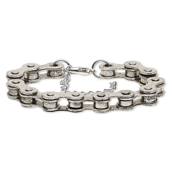 Bracelet, silver- and antique silver-plated steel, 6mm wide with 22x6mm bicycle chain, 6 inches with 2-inch extender chain and lobster claw clasp. Sold individually. image number 0