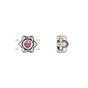 Spacer, glass rhinestone and antique silver-finished "pewter" (zinc-based alloy), pink, 8x8mm single-sided 2-strand flower, fits up to 5mm bead. Sold per pkg of 6.