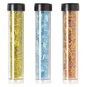 Bugle bead mix, Ming Tree™, glass, transparent and translucent light amber yellow / dark orange / aqua, 1/4 inch. Sold per pkg of (3) 4 x 3/4 inch vials, approximately 2,000 beads.