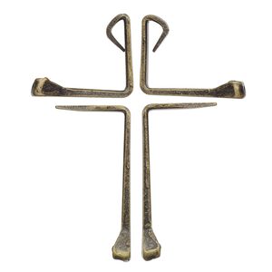 Component, antique brass-plated carbon steel, 55x47mm assembled horseshoe nail cross. Sold per 4-piece set.
