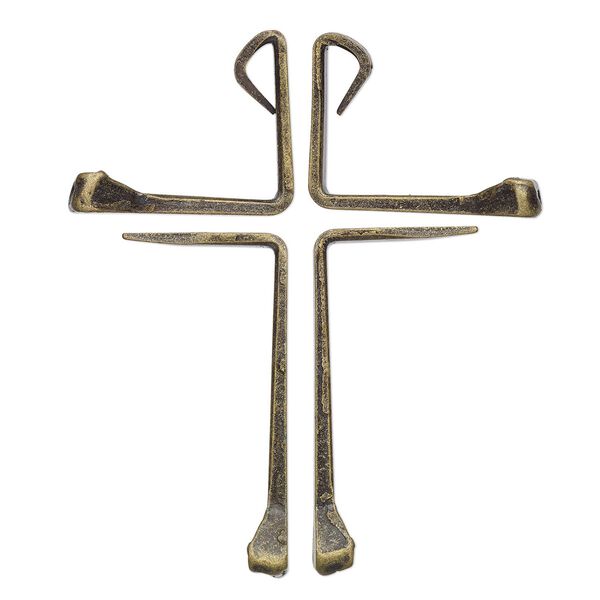 Component, antique brass-plated carbon steel, 55x47mm assembled horseshoe nail cross. Sold per 4-piece set. image number 0