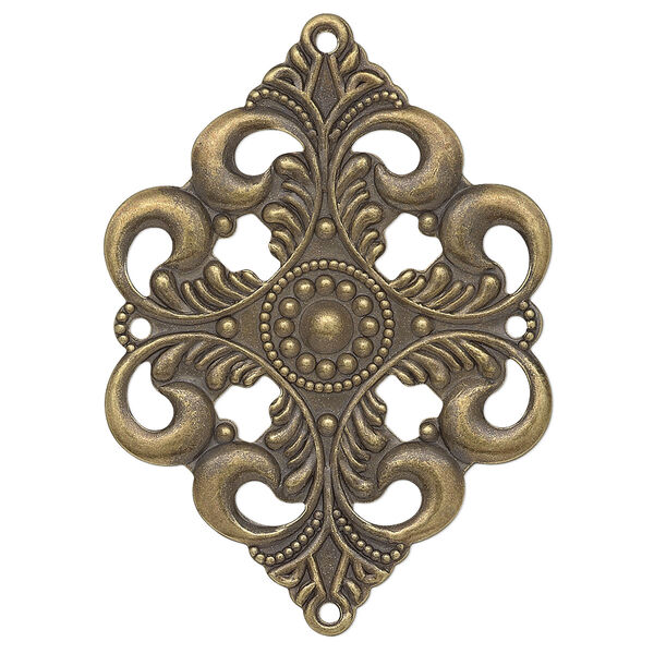 Focal, antique gold-plated steel, 42x30mm single-sided filigree diamond with 4 loops. Sold per pkg of 10. image number 0