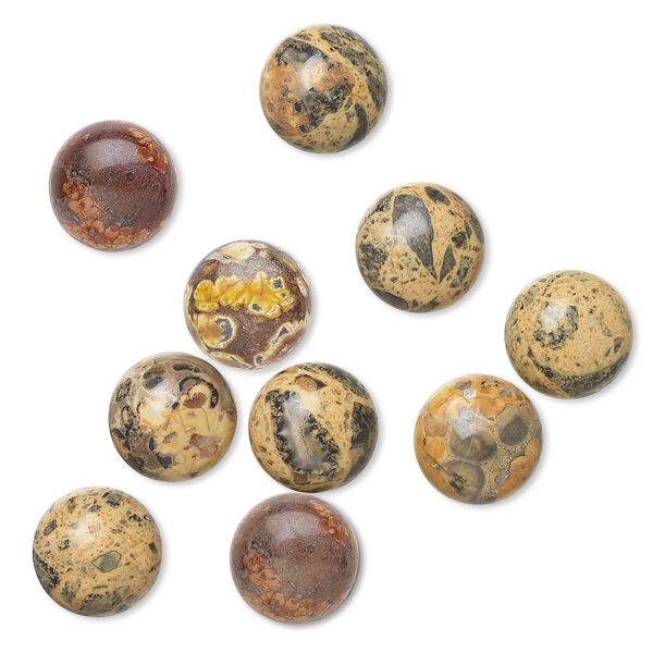 Cabochon, leopardskin jasper (natural), 10mm calibrated round, B grade, Mohs hardness 6-1/2 to 7. Sold per pkg of 10. image number 0