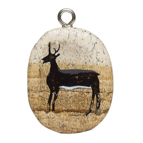 Focal 1pkg1 picture jasper / enamel / steel, 30x25-38x29mm single-sided freeform oval / deer B- grade, natural / silver finish image number 0