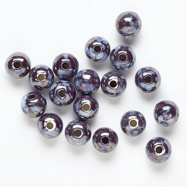 Bead, ceramic 1pkg18, dark burgundy and lilac, 16mm round. image number 0