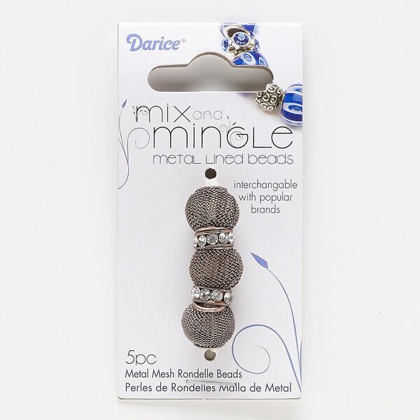 Bead, glass rhinestone with antique bronze-finished steel and "pewter" (zinc-based alloy), clear, 12x4mm rondelle and 14x11mm-14x13mm mesh rondelle, 5mm hole. Sold per pkg of 5. image number 0
