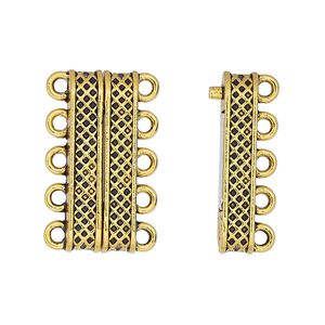 Clasp magnetic 1pkg1 "pewter" (zinc alloy), 24.5x9mm rectangle, antique gold-finished 5-strand