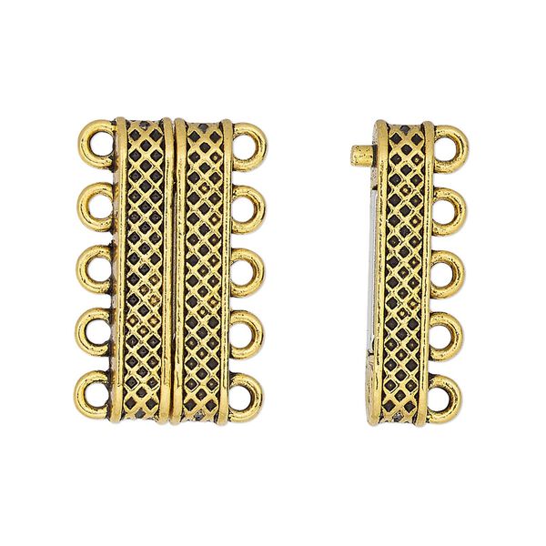 Clasp, 5-strand magnetic, antique gold-finished "pewter" (zinc-based alloy), 24.5x9mm rectangle with textured design. Sold individually. image number 0