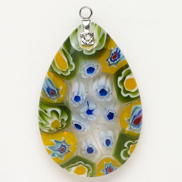 Focal 1pkg1 silver-finished steel and millefiori glass, translucent and transparent clear and multicolored, 47x30mm-48x33mm puffed teardrop. image number 0
